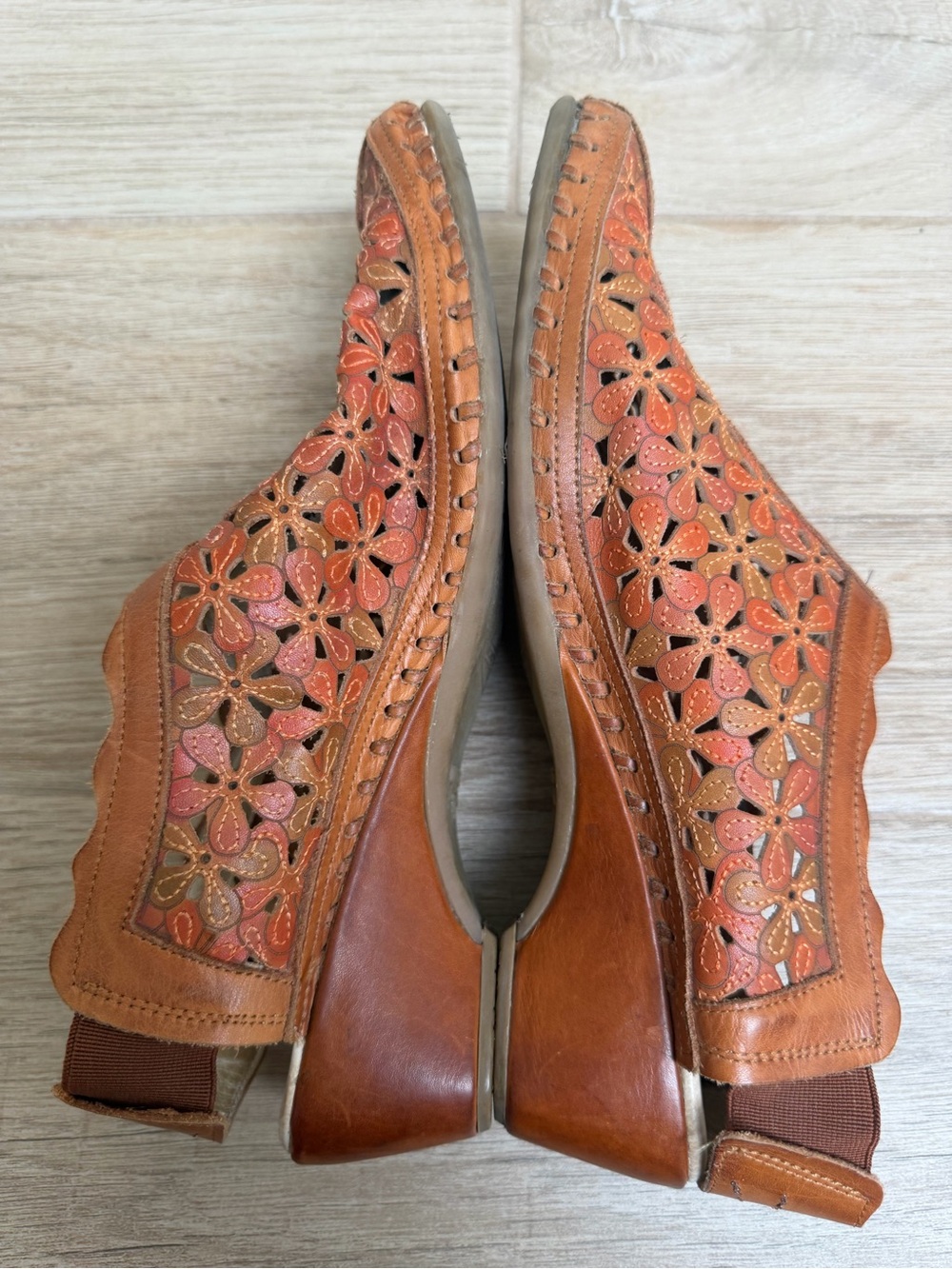Pikolinos Tan Leather Slip-On Shoes - Perforated Floral Design